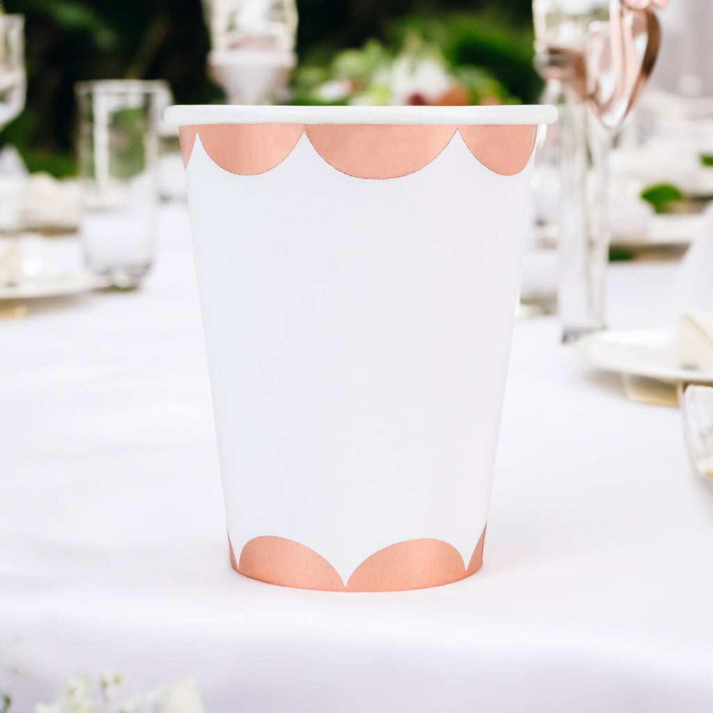 White and Rose Gold Scallopped Edge Paper Cups