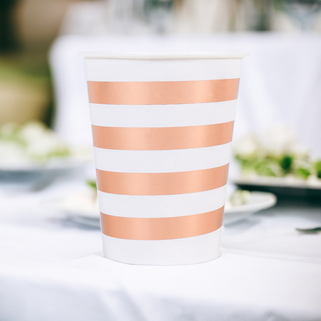 White and Rose Gold Striped Paper Cups