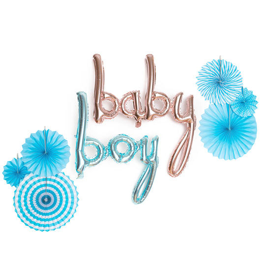 Baby Boy with Paper Fans Balloon Phrase Banner