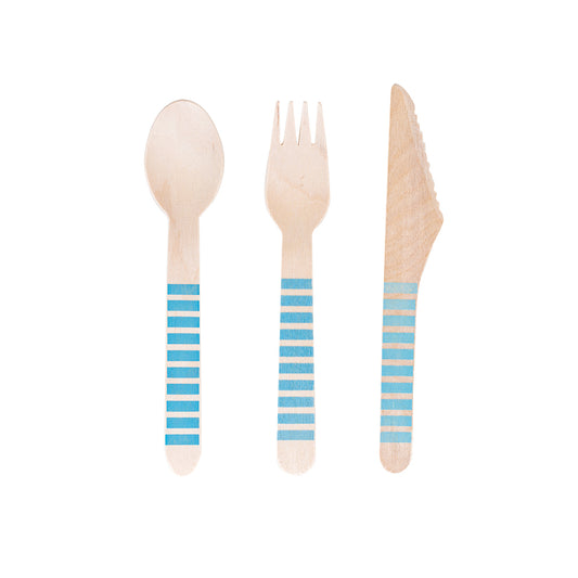 Blue Striped Wooden Cutlery Set